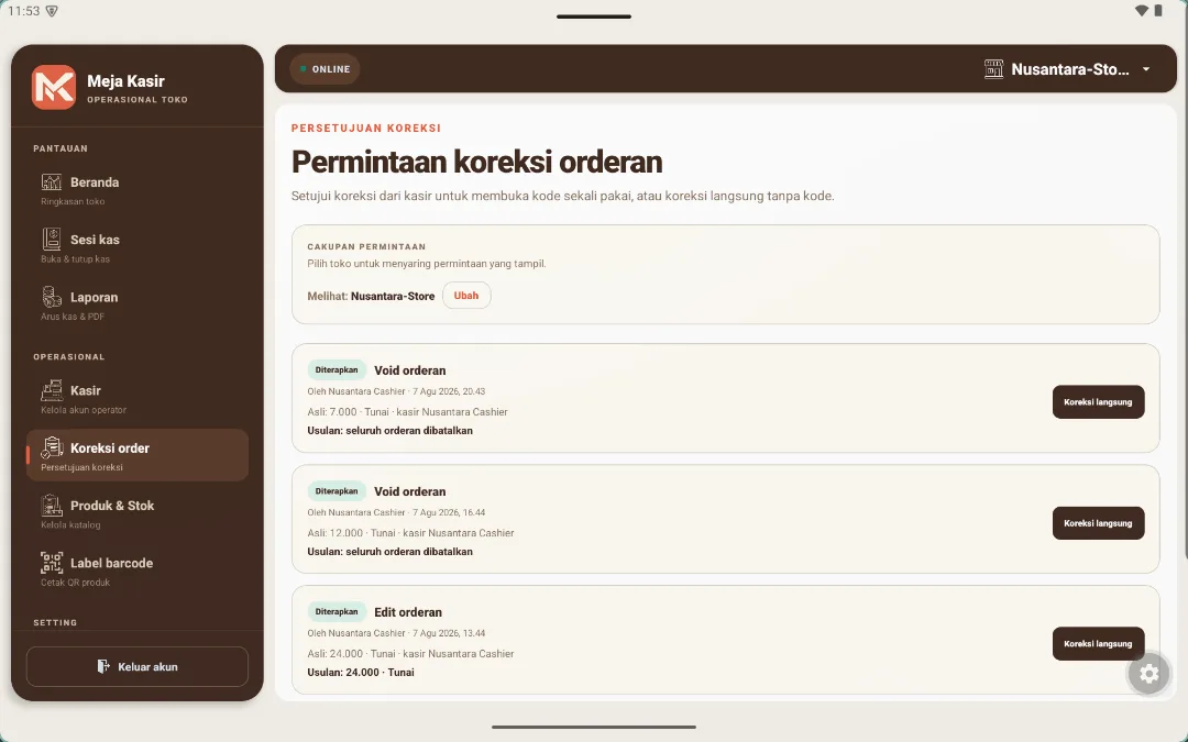 Persetujuan koreksi order